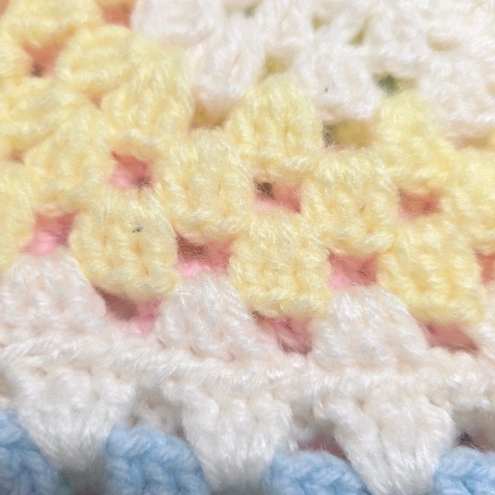 Handmade Bright Multi Color Crochet Granny Square Baby Blanket Fringed Afghan
